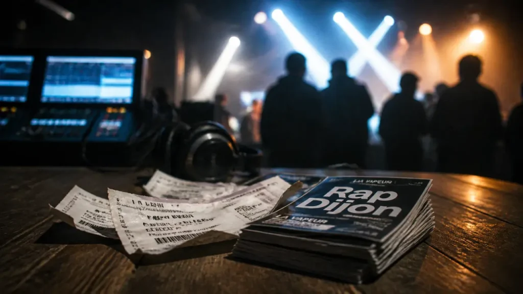 concert rap dijon : billets et flyers sur table en salle