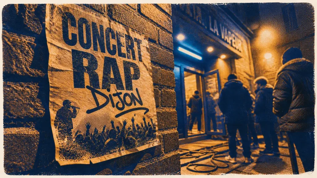 Concert rap Dijon : affiche froissée et entrée de salle