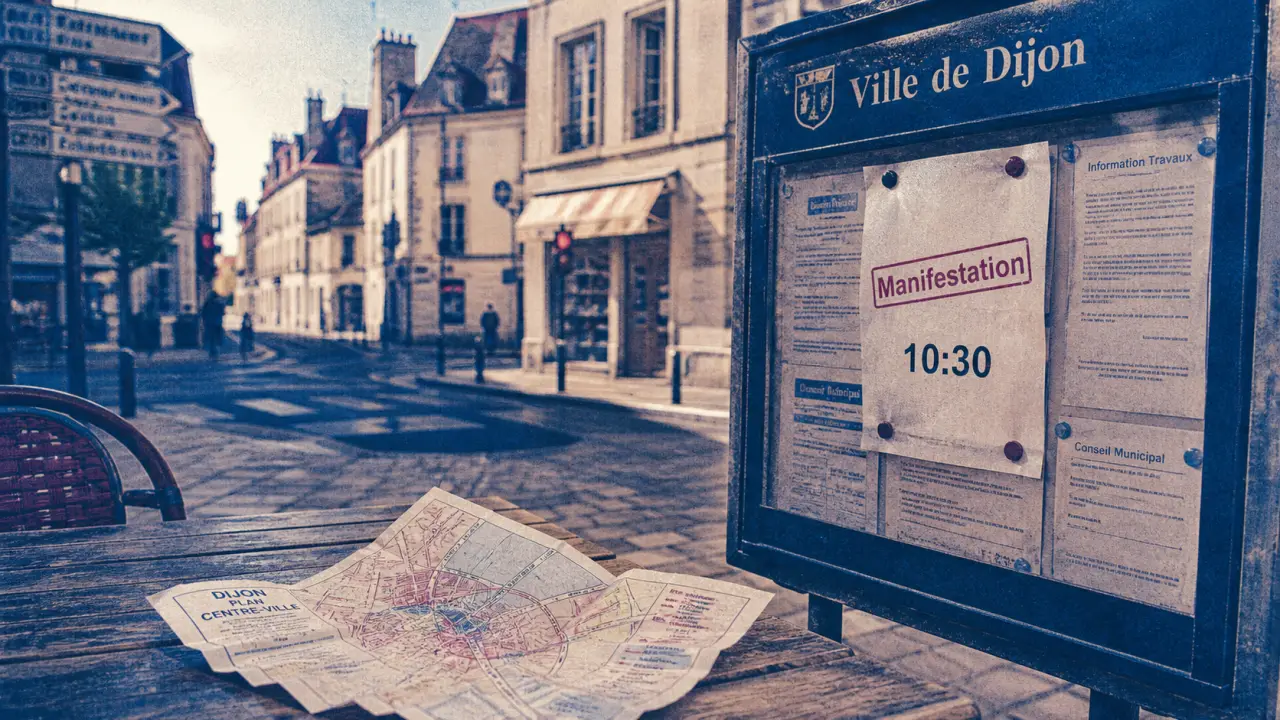 dijon aujourd’hui : sortie à Dijon, rue et affiche de manifestation