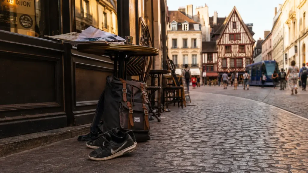 Dijon aujourd’hui : chaussures et sac sur pavé près rues piétonnes, façades anciennes