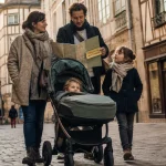 Dossier famille Dijon : centre historique, famille avec poussette sous la pluie