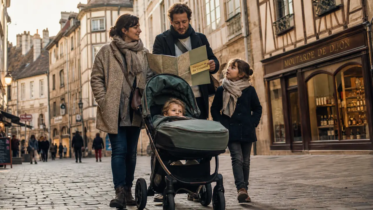 Dossier famille Dijon : centre historique, famille avec poussette sous la pluie