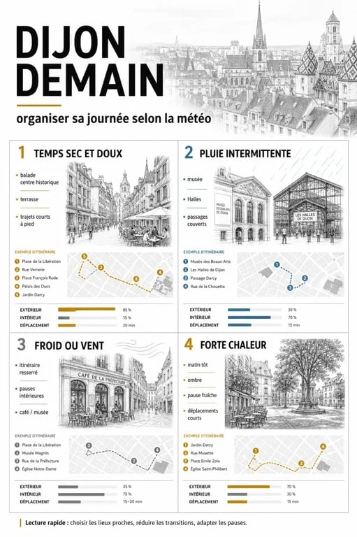 Dijon demain : visuel éditorial des scénarios météo et des activités conseillées