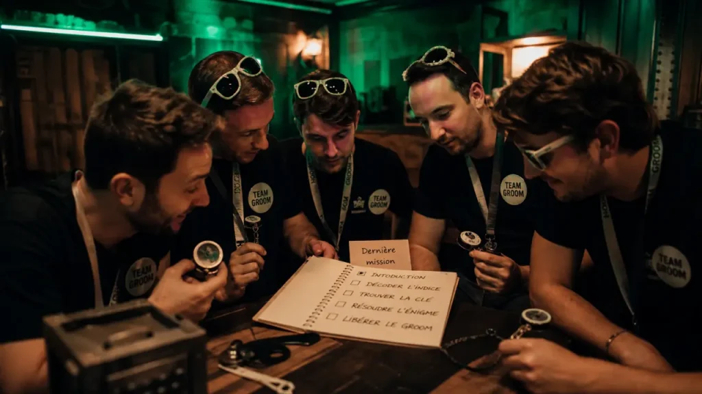 Enterrement de vie de garcon : amis avec accessoires EVG et mission d’escape game