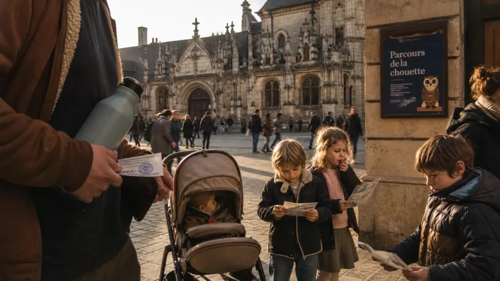 Famille nombreuse dijon devant le palais des ducs, enfants et poussette, sorties gratuites
