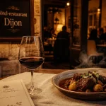 Hôtels restaurants Dijon : dîner et chambre, table avec vin et plat local