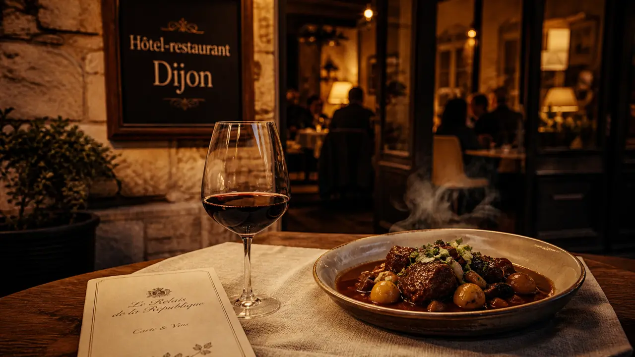Hôtels restaurants Dijon : dîner et chambre, table avec vin et plat local