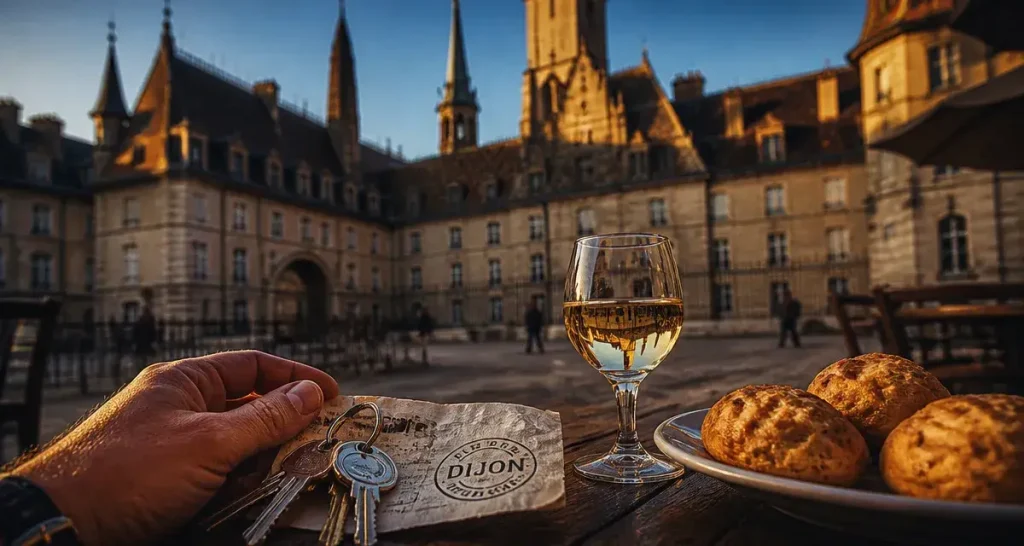 Incontournable dijon : clés et billet sur table, vue du Palais des Ducs à Dijon