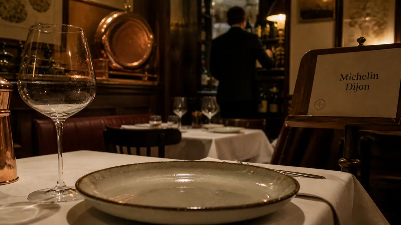 Michelin restaurants dijon, table et verre de vin en salle étoilée