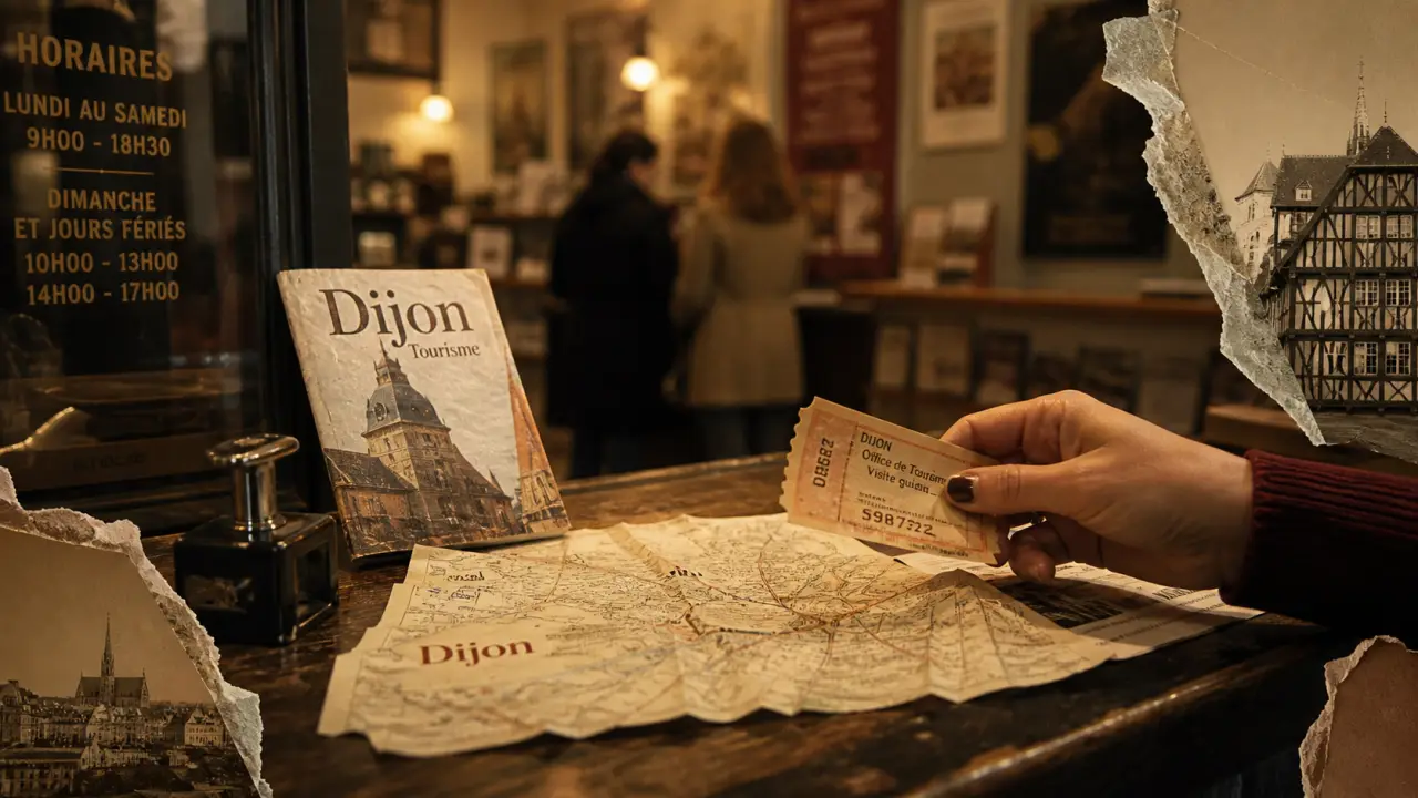 Office du tourisme dijon : brochures et horaires en vitrine