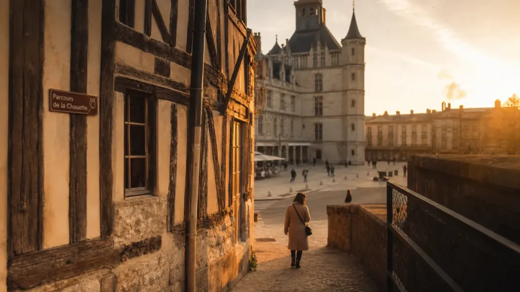 Que faire Dijon : parcours de la Chouette à pied, vue du Palais des ducs au soleil