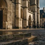Saint bénigne à Dijon : façade de la cathédrale depuis la rue pavée
