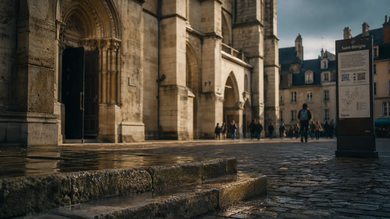 Saint bénigne à Dijon : façade de la cathédrale depuis la rue pavée