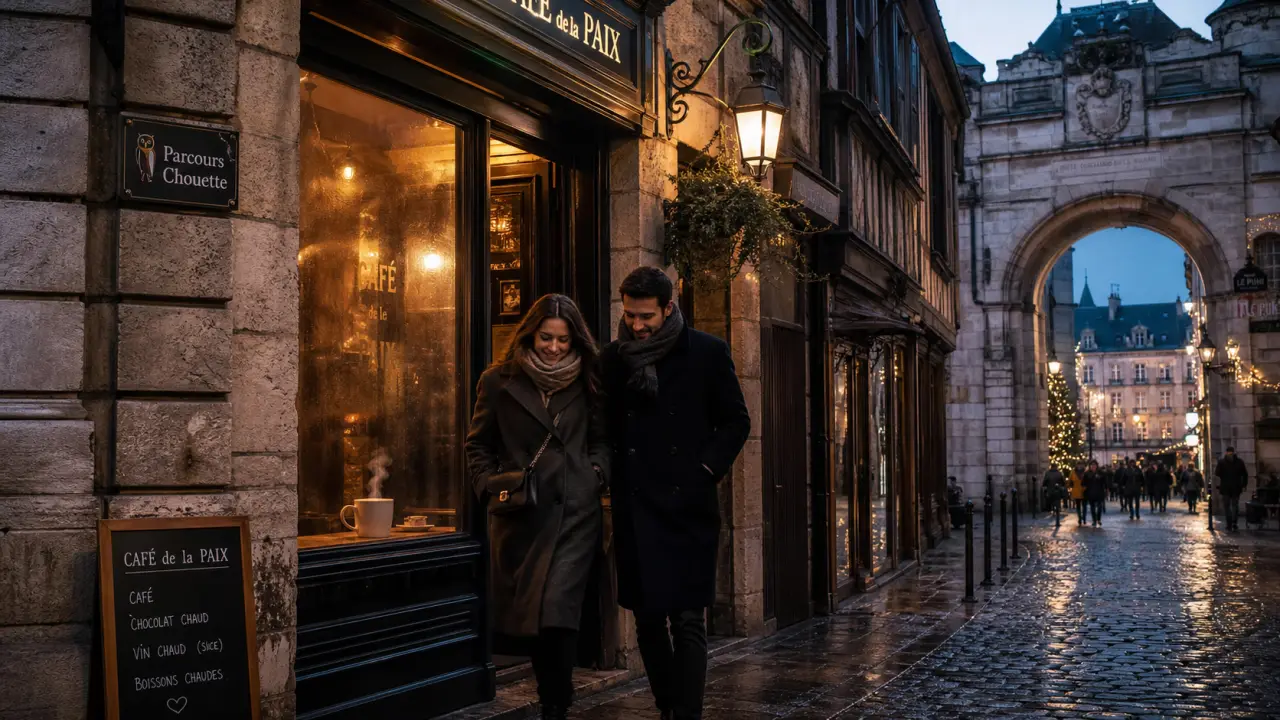 Visiter Dijon en hiver : couple sort d’un café au centre historique
