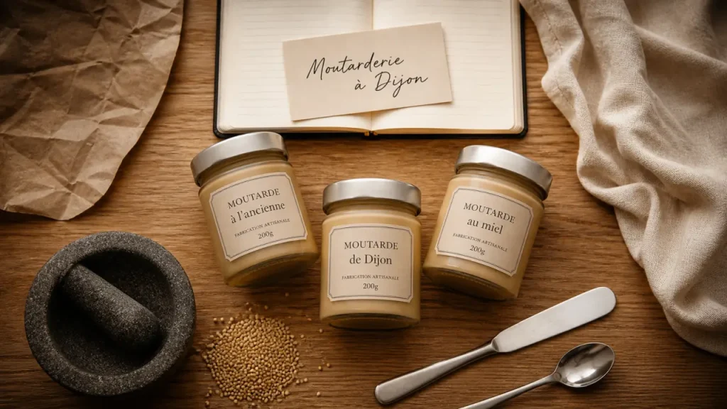 Visiter moutarderie dijon : pots en verre et graines de moutarde