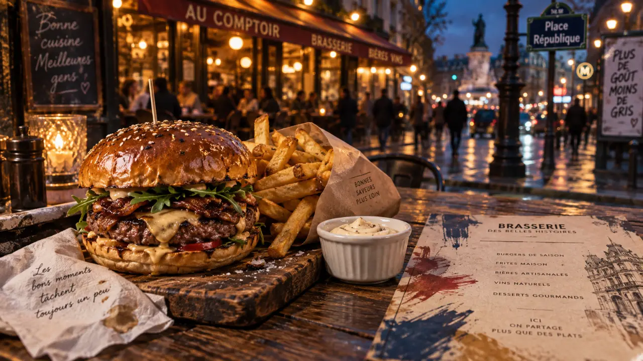 Burger place de la République Dijon : burger et frites, ambiance rue animée