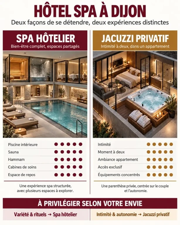 Infographie pour comparer les hôtels spa à Dijon et les hébergements avec jacuzzi privatif