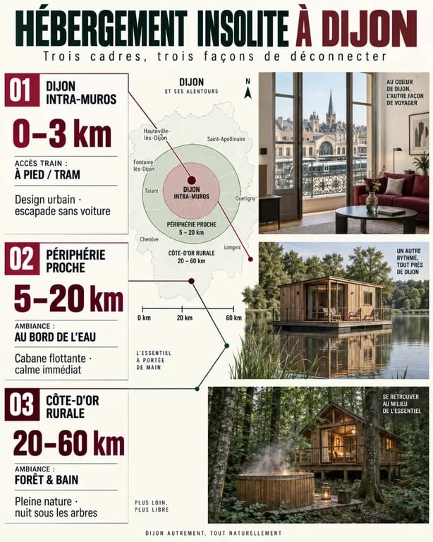 Infographie sur l’hébergement insolite à Dijon selon la zone et la distance