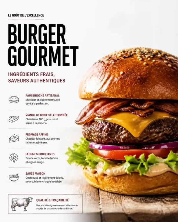 Burger gourmet artisanal à Dijon centre-ville, ingrédients frais et préparation maison
