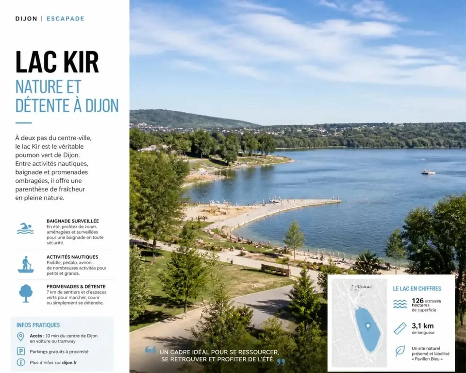 Vue panoramique du lac Kir à Dijon, lieu de baignade prisé en été