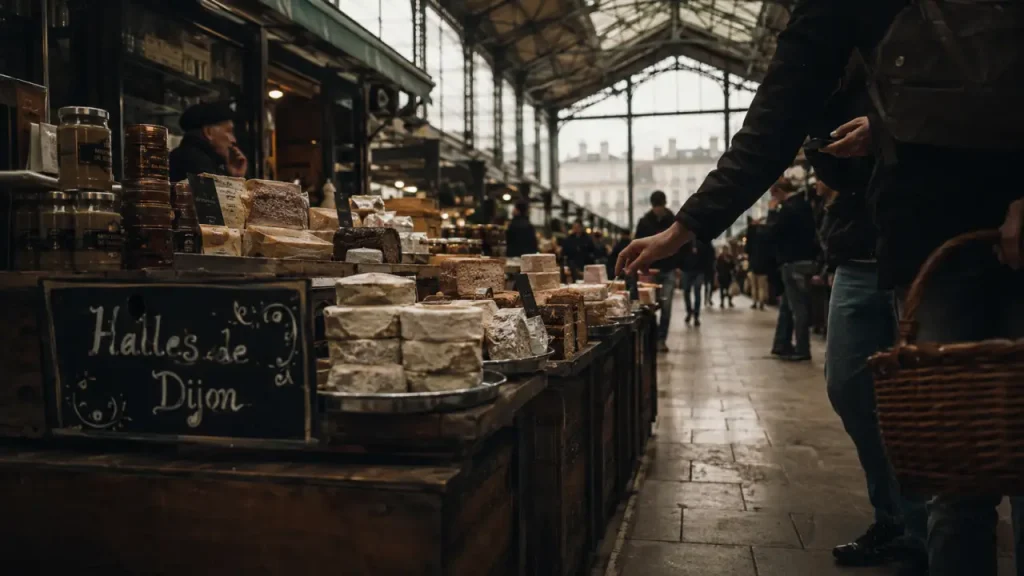 Halles de Dijon : marché sous la verrière, fromages et pains