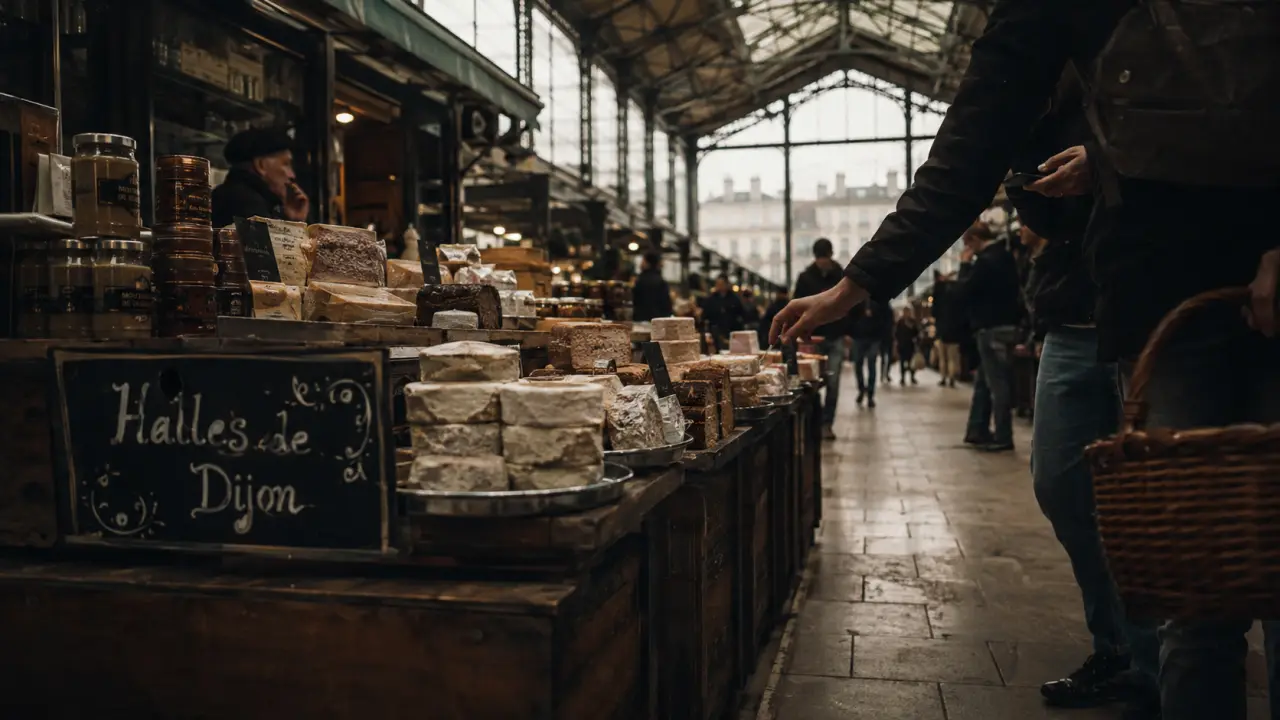 Halles de Dijon : marché sous la verrière, fromages et pains