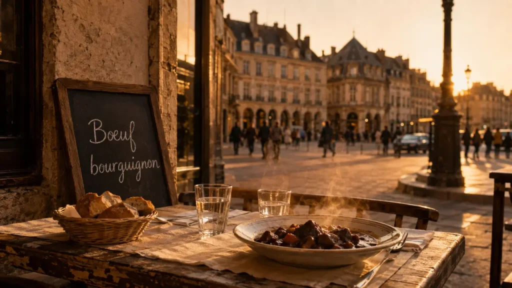 Restaurants place de la libération Dijon : terrasse avec bœuf bourguignon fumant