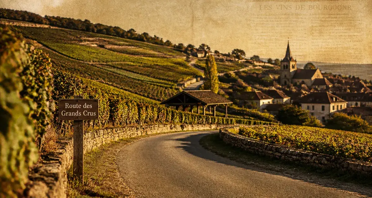 Route des grands crus depuis Dijon : route et vignes en Côte de Nuits et Beaune