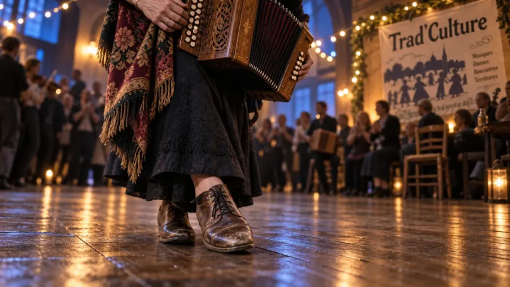 Trad culture dijon : chaussures de danse, accordéon et châle en salle
