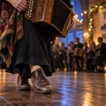 Trad culture dijon : chaussures de danse, accordéon et châle en salle