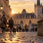 Visiter Dijon centre : rue piétonne vers le Palais des Ducs, golden hour