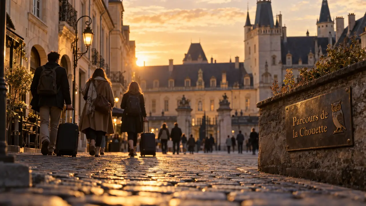 Visiter Dijon centre : rue piétonne vers le Palais des Ducs, golden hour