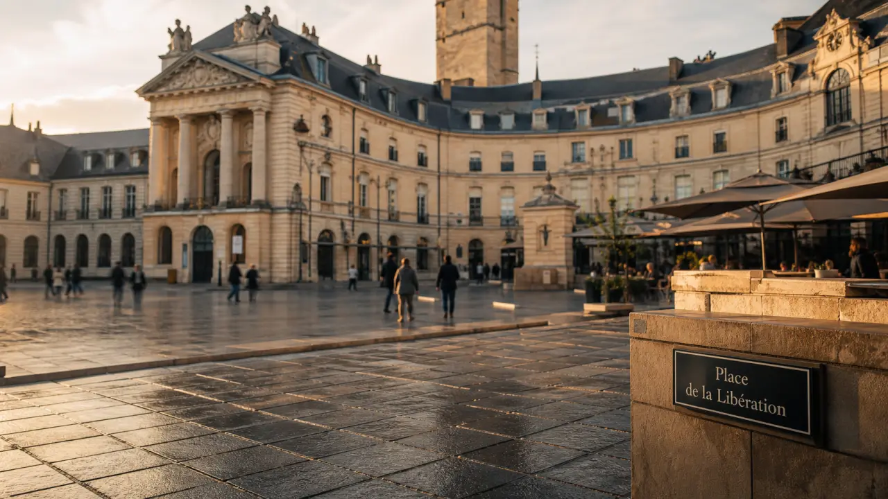 Visiter palais des ducs dijon : façade du palais et esplanade, visiteurs en fin d’après-midi