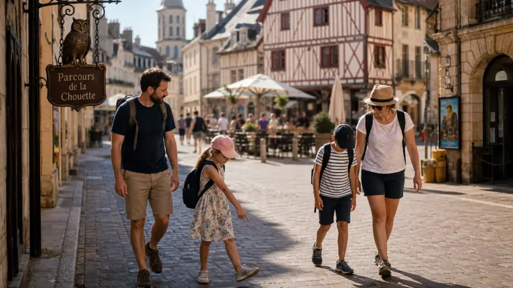 Week-end à Dijon en famille : balade du Parcours de la Chouette, rue piétonne près du Palais des Ducs