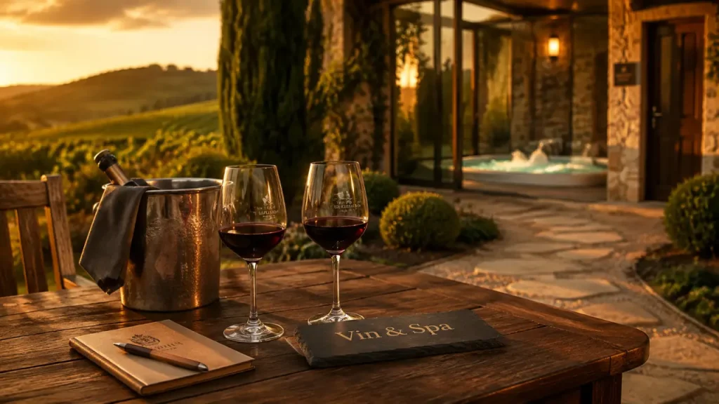 Week-end dégustation vin et spa bourgogne : table de dégustation sur terrasse au domaine