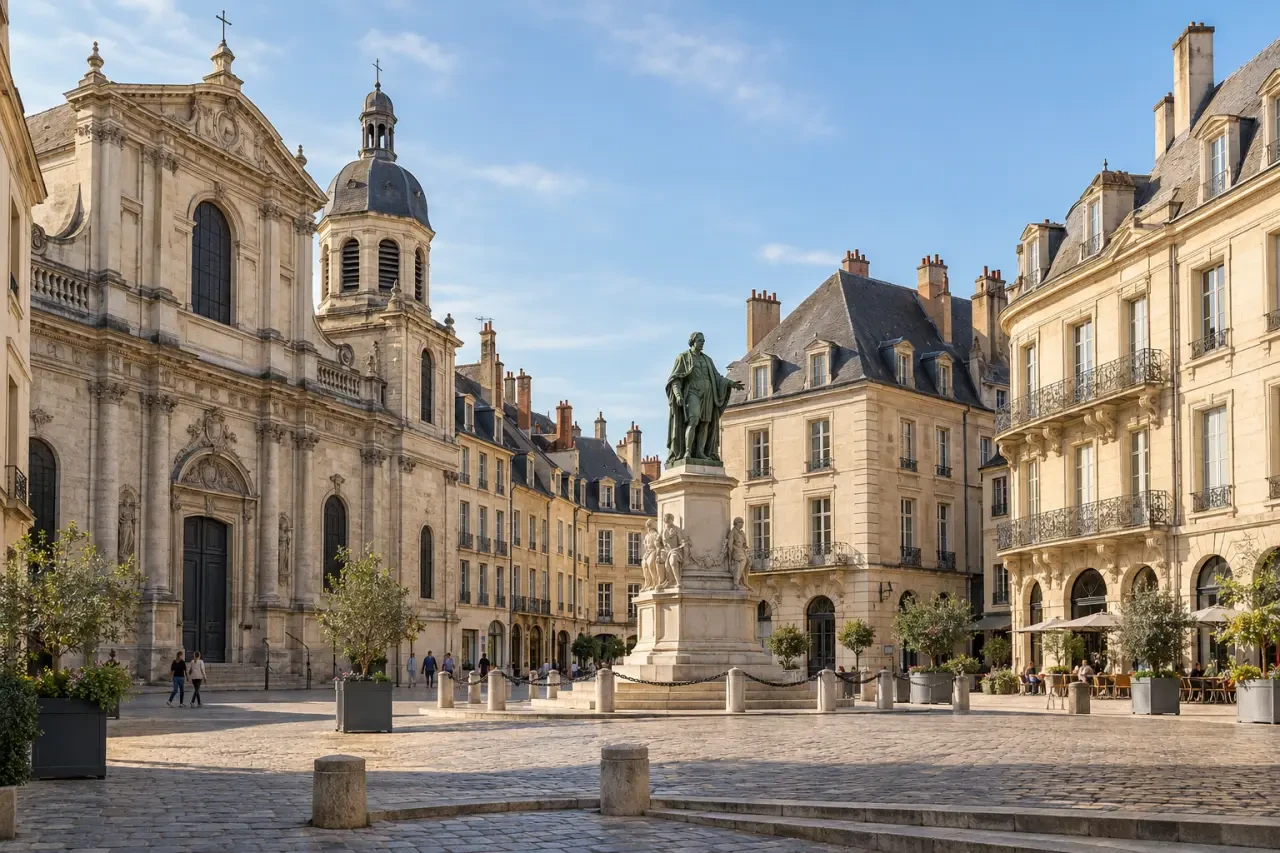 Place Bossuet Dijon avec l'ancienne église Saint-Jean et la statue de Bossuet