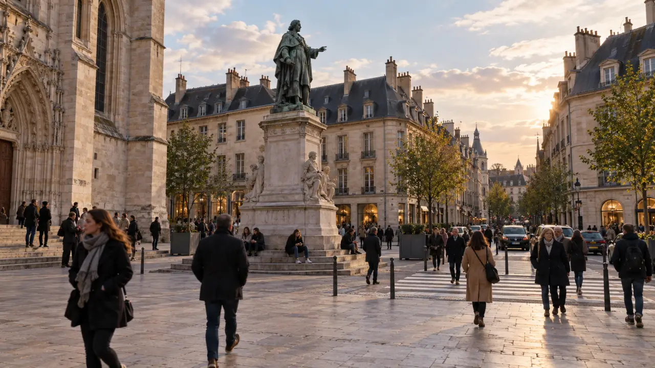 Place Bossuet Dijon, parvis piéton végétalisé et statue de Bossuet